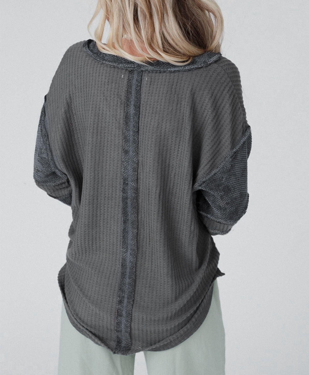 Contrast Patched Exposed Seam Waffle Knit Henley Top