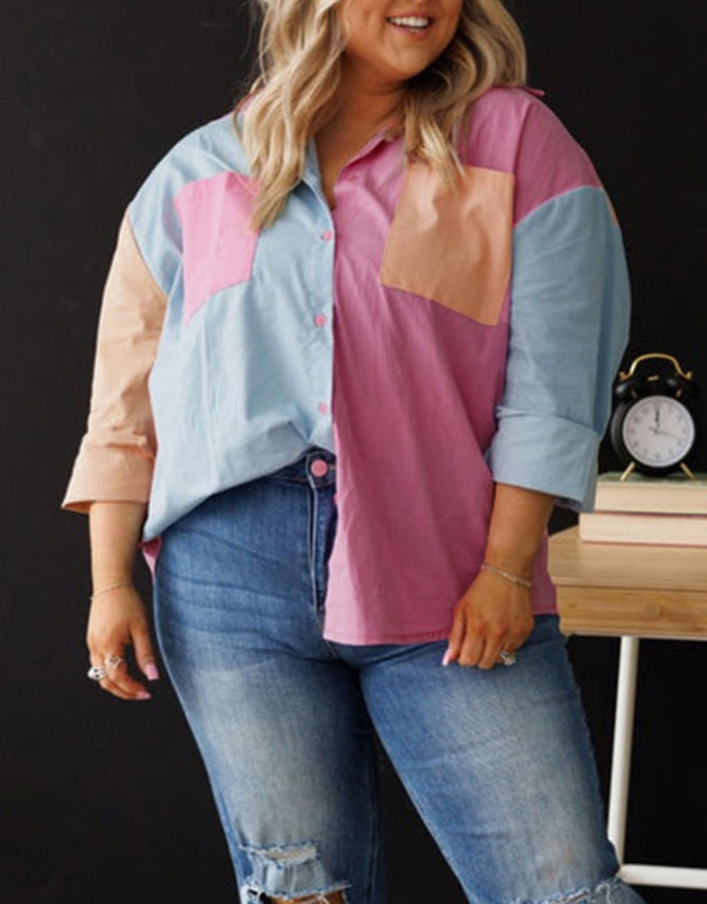 Color Block Chest Pockets Plus Size Shirt