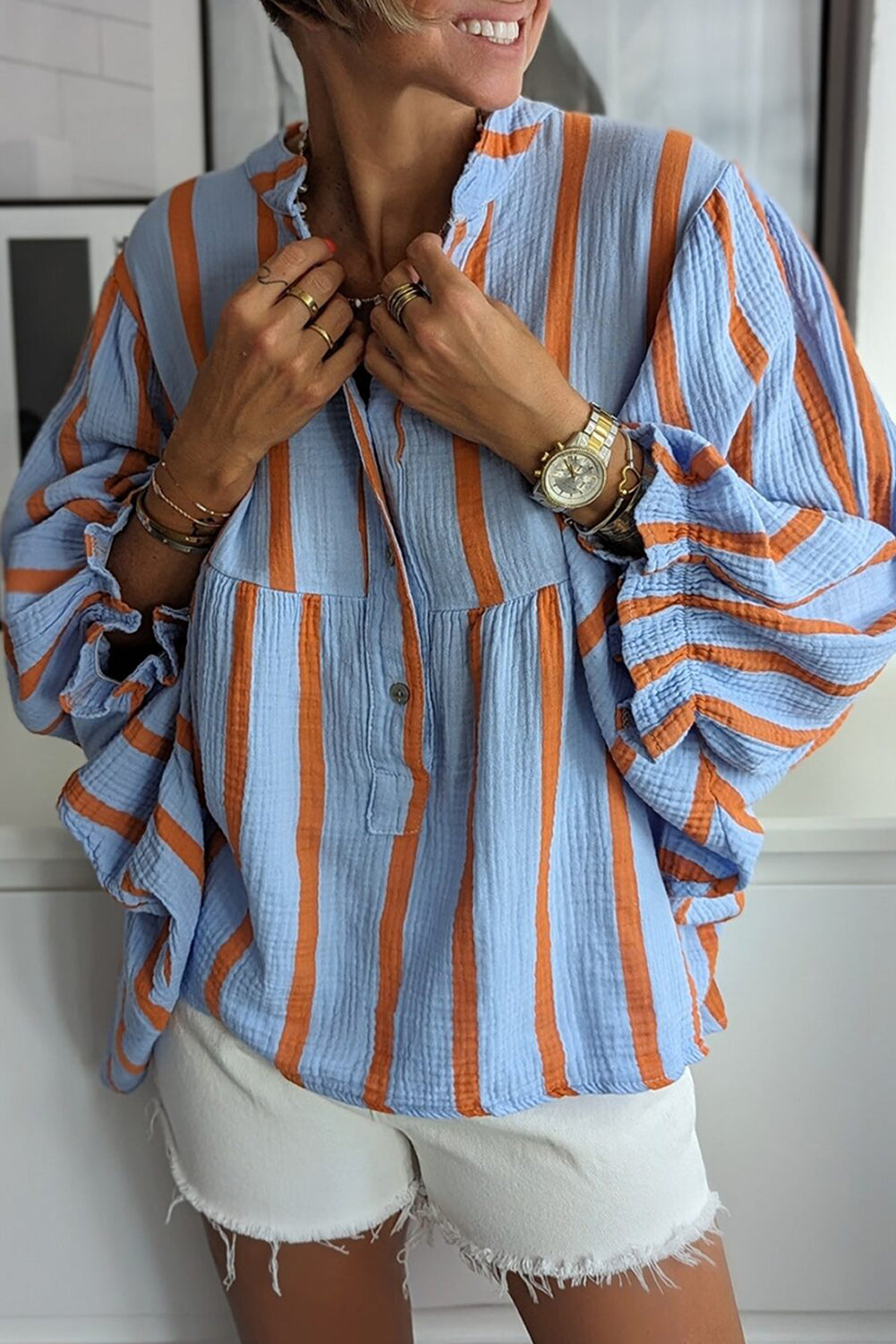 Stripe Crinckled Ruffled Sleeve Button up Loose Shirt