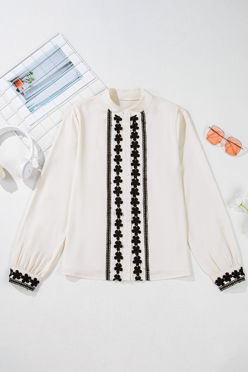 Floral Embroidered Stand Neck Buttoned Shirt