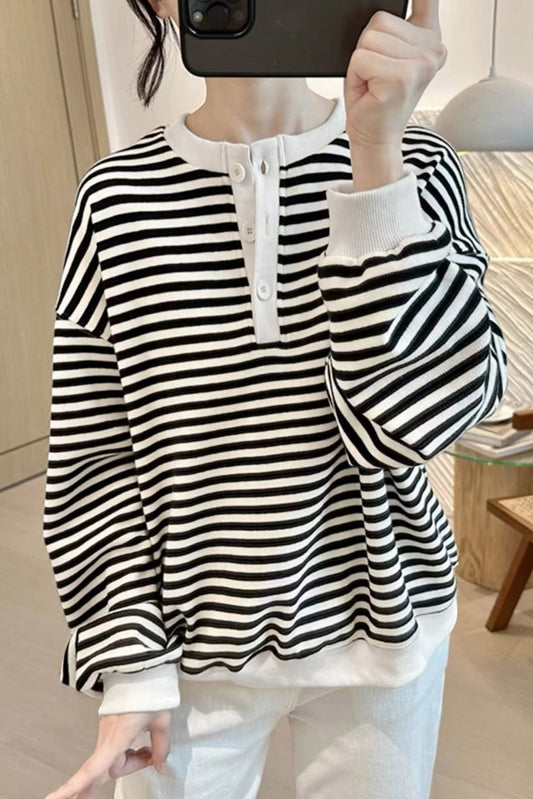 Stripe Color Block Buttoned Crew Neck Oversized Sweatshirt