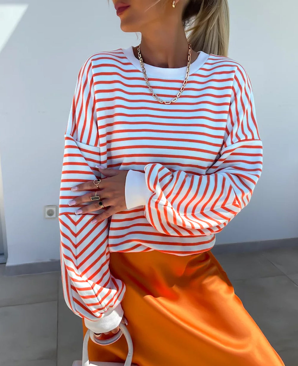 Stripe Drop Shoulder Crew Neck Loose Sweatshirt