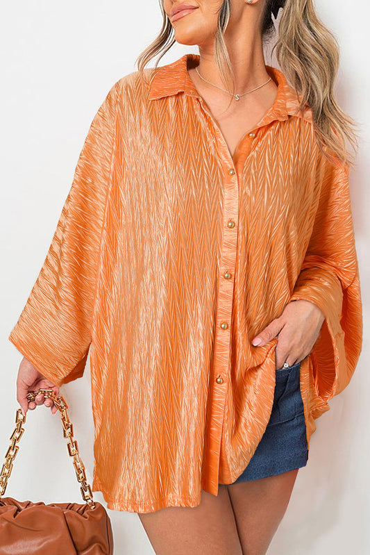 Solid Color Crinkled Wide Sleeve Button up Shirt