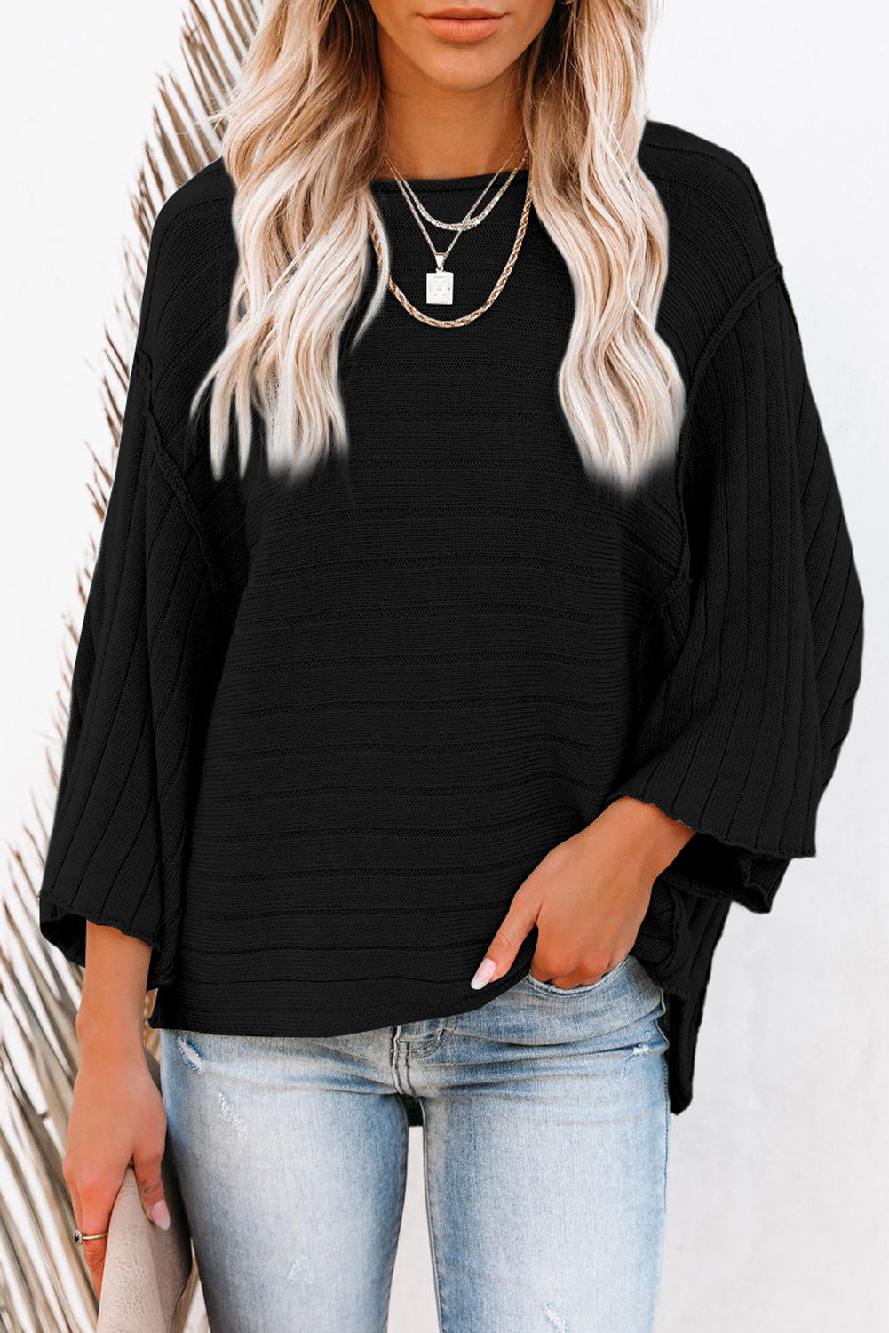 Exposed Seam Ribbed Knit Dolman Top