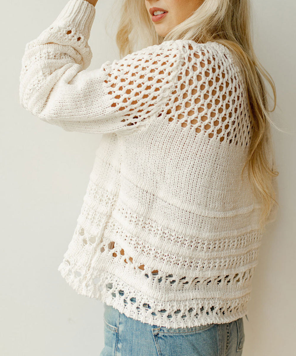 Solid Color Pointelle Knit Puff Sleeve Sweater