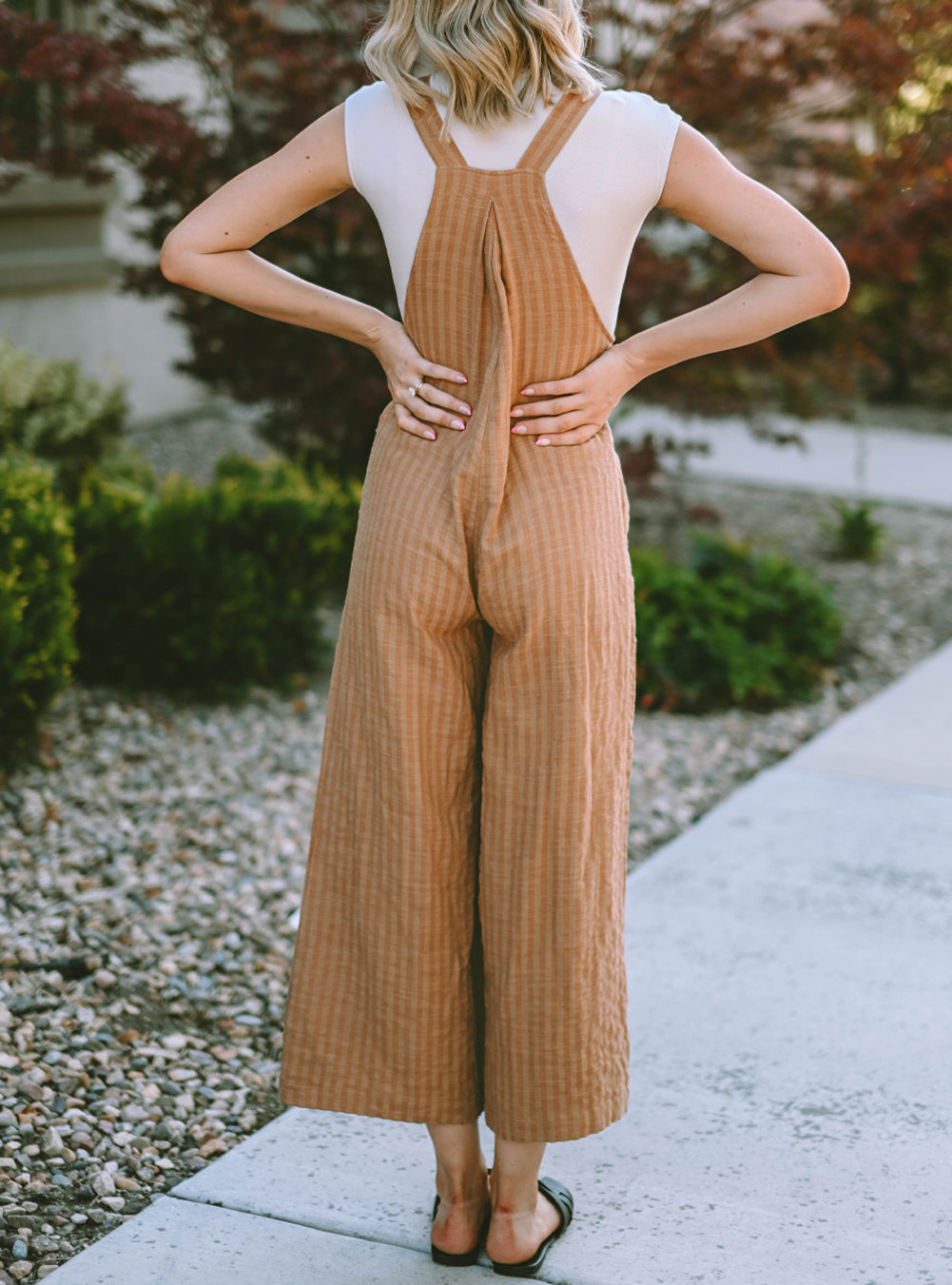 Striped Pleated Wide Leg Pocketed Jumpsuit
