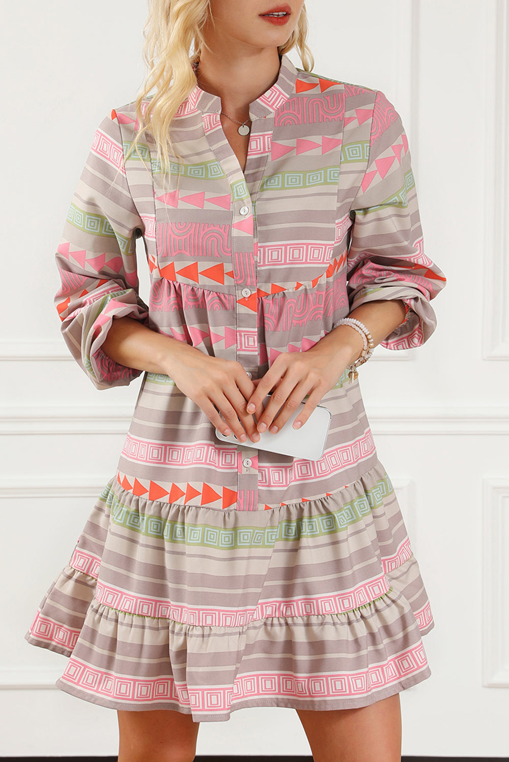 Boho Print Puff Sleeve Buttoned Babydoll Dress