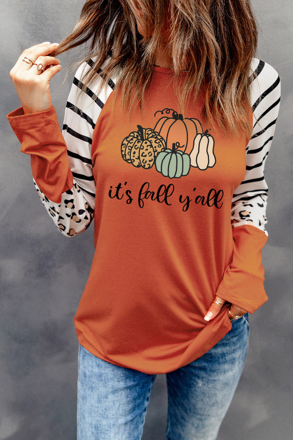 Pumpkin Leopard Striped Colorblock Long Sleeve T Shirt