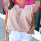 Colorblock Ruffled Sleeve Frill V Neck Blouse