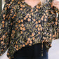 Plus Size Split Neck Ruffled Bubble Sleeve Floral Blouse