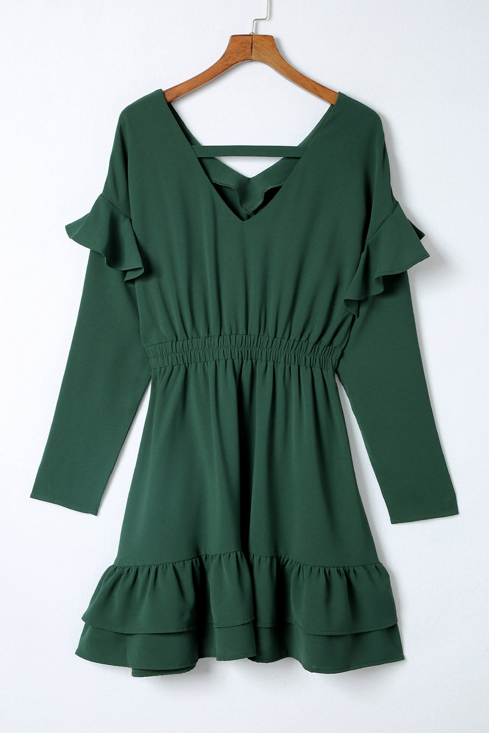 Solid Color Ruffled V Neck High Waist Mini Dress