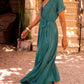 Solid Color V Neck Wrap Pleated Short Sleeve Maxi Dress