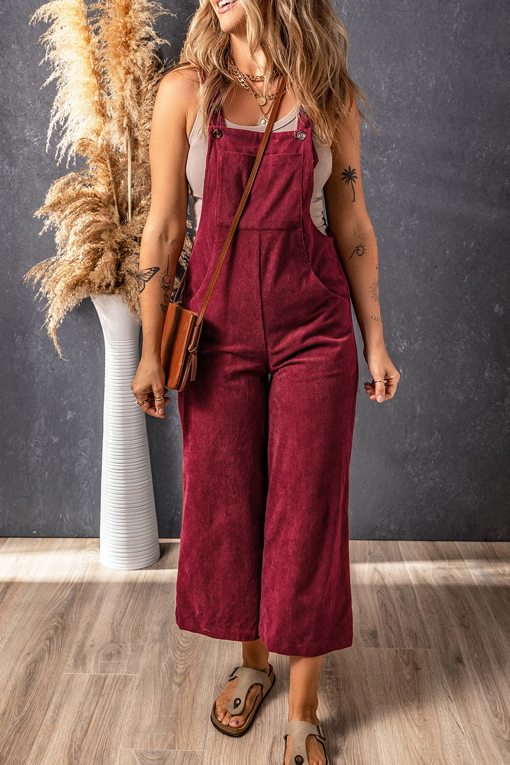 Solid Color Corduroy Wide Leg Bib Overalls