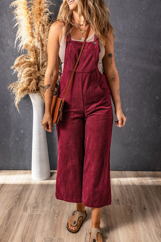 Solid Color Corduroy Wide Leg Bib Overalls