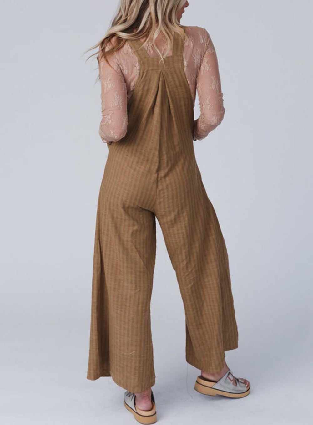 Striped Pleated Wide Leg Pocketed Jumpsuit