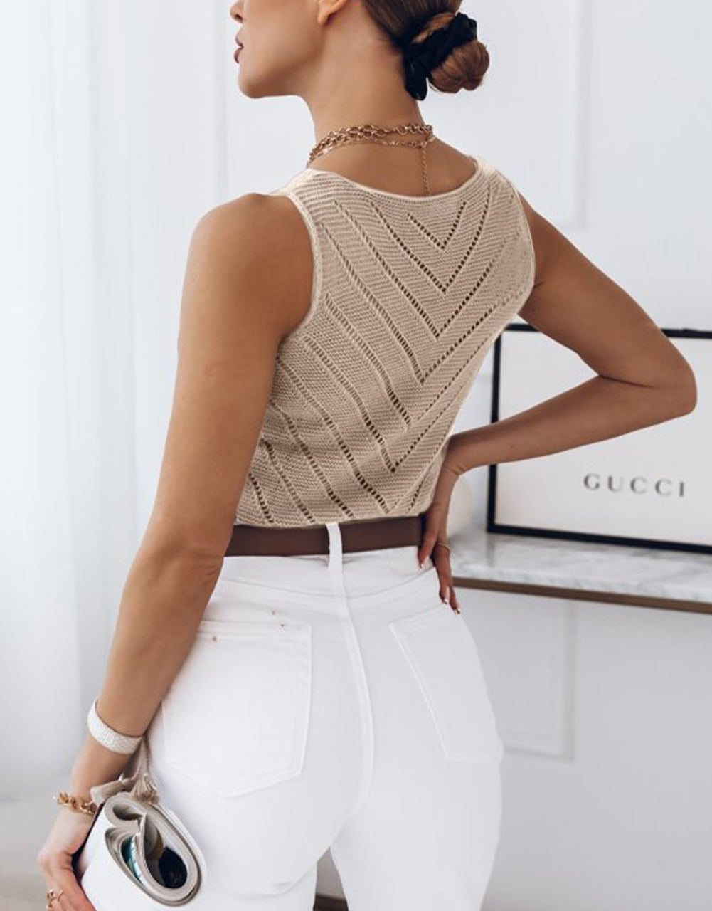 Khaki Chevron Hollowed Knit Tank Top