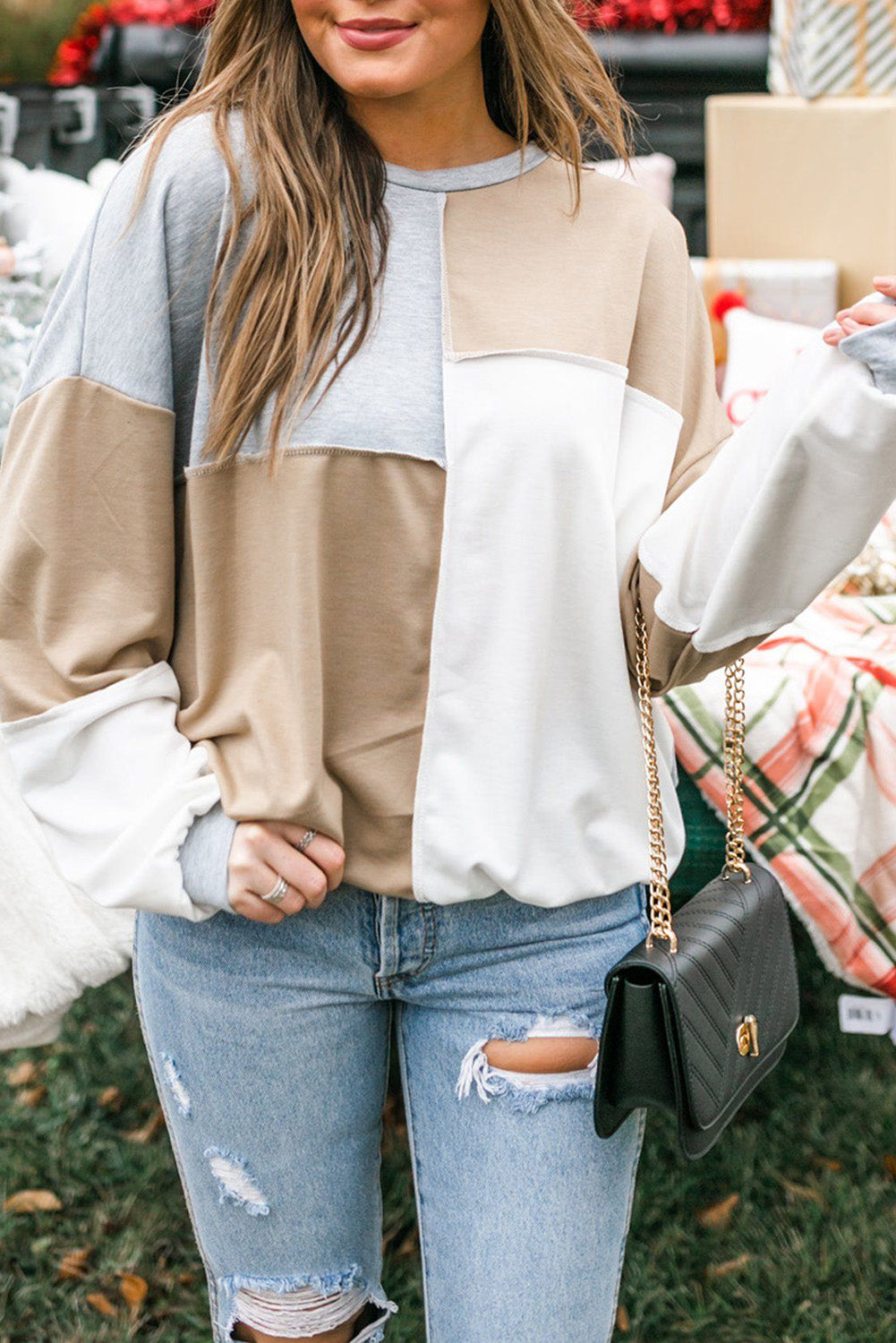 Drop Shoulder Color Block Patchwork Oversized Top