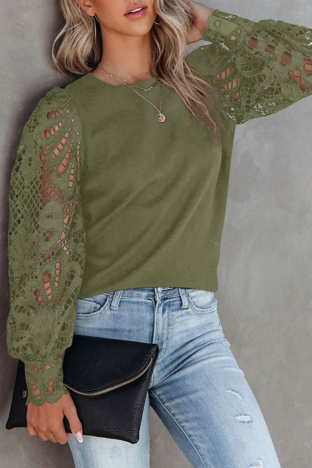 Crochet Sleeve Crew Neck Blouse