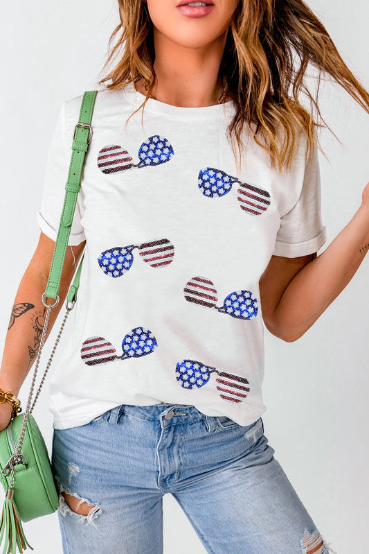 Sequined American Flag Sunglasses Crew Neck T Shirt