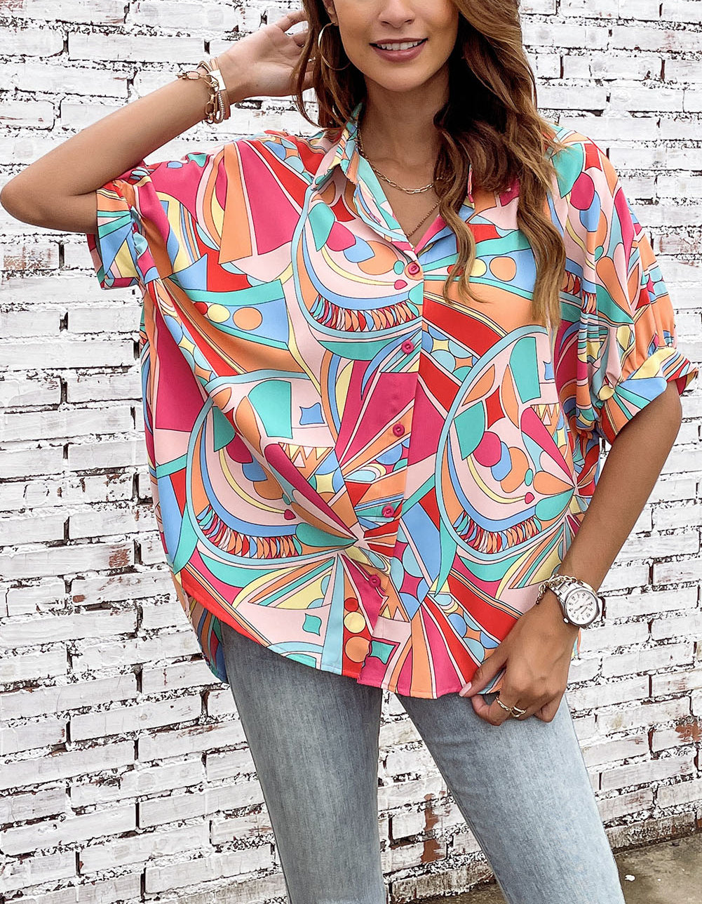 Abstract Geometry Print Half Puff Sleeve Loose Shirt