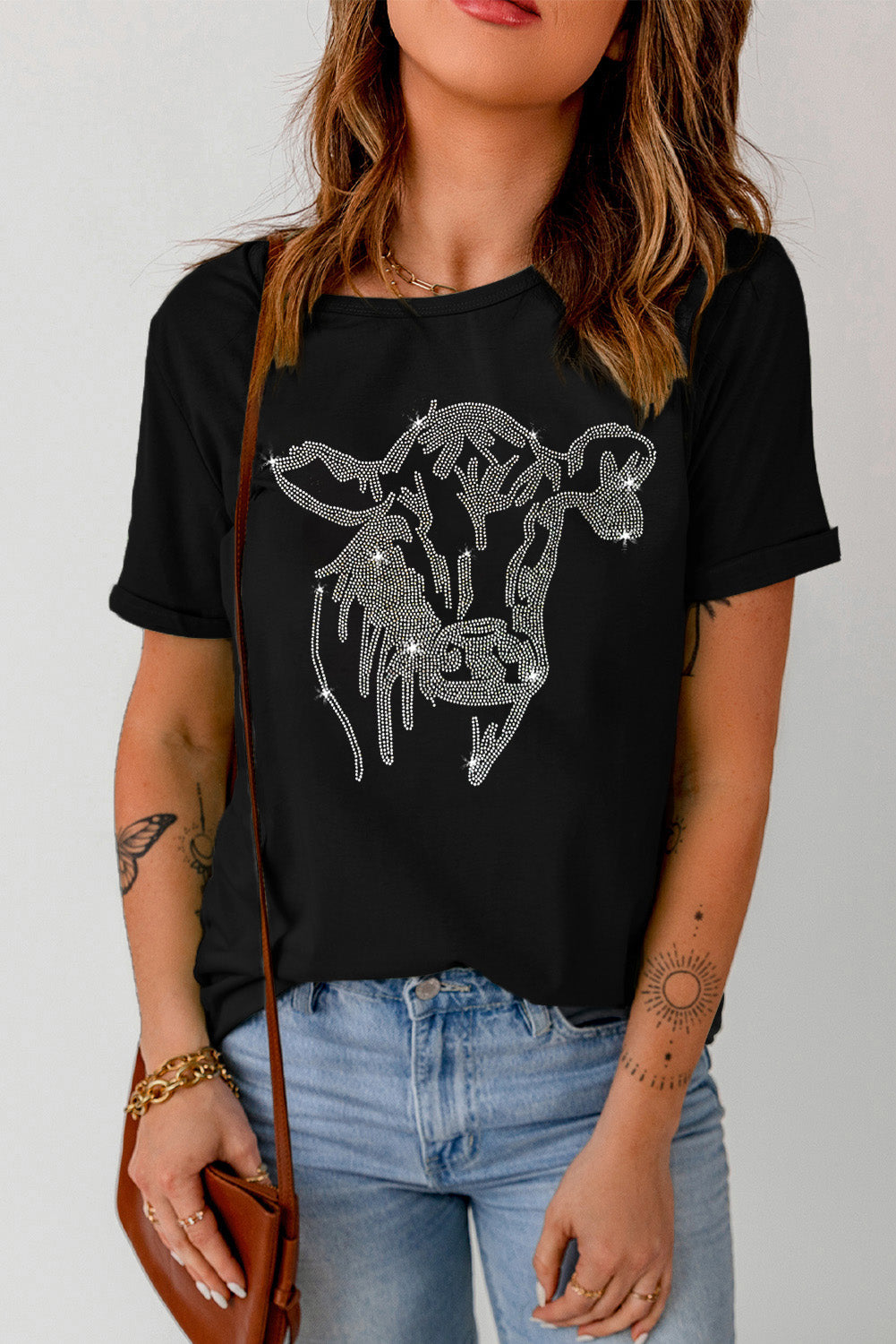 Rhinestone Steer Head Graphic Fashion T Shirt