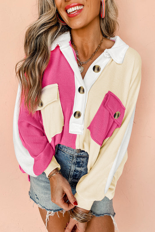 Colorblock Ribbed Collared Oversized Sweatshirt