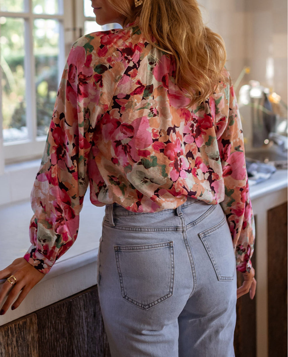 Floral Print Ruffled Stitch Buttoned Loose Fit Shirt