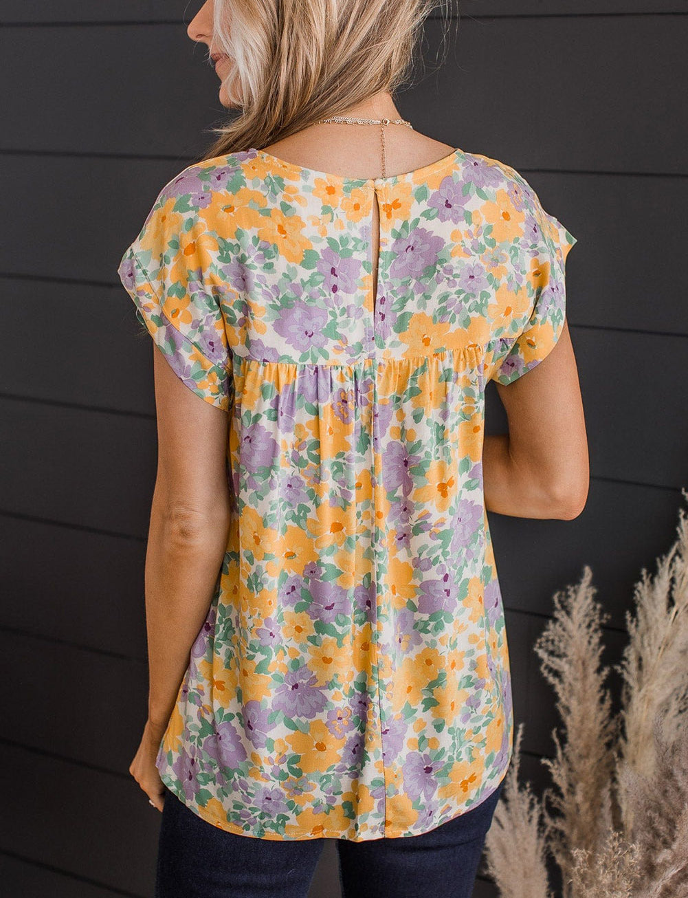 Floral Print Keyhole Back Short Sleeve Babydoll Blouse
