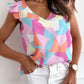 Pastel Geometric Print V-Neck Pleated Cap Sleeve Top