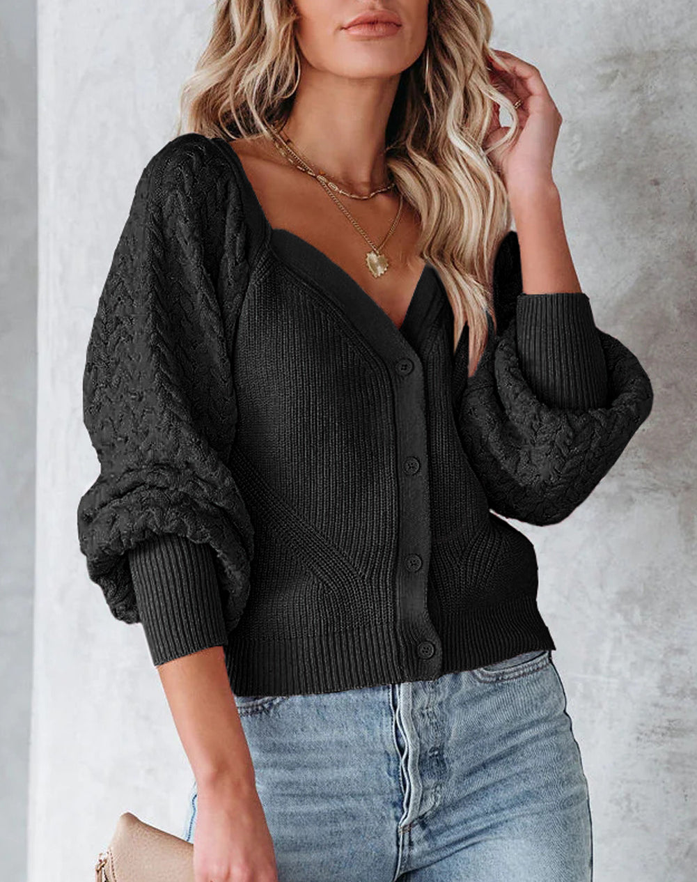 Pearl Embellished Puff Sleeve V Neck Cardigan