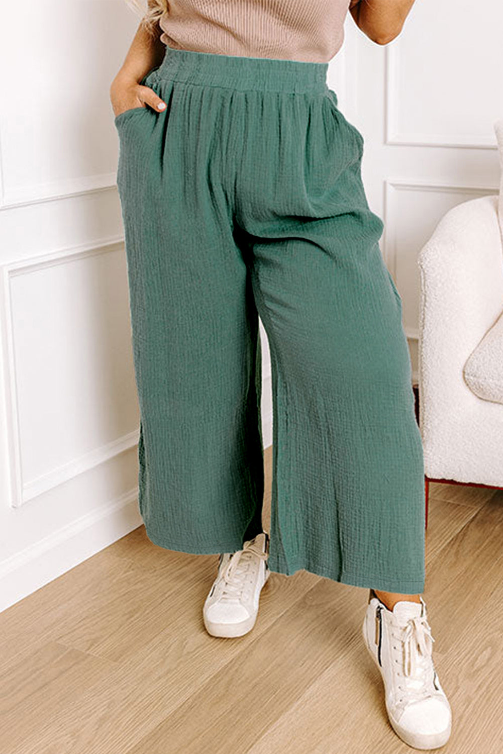 Plus Size Textured Frayed Edge Wide Leg Pants