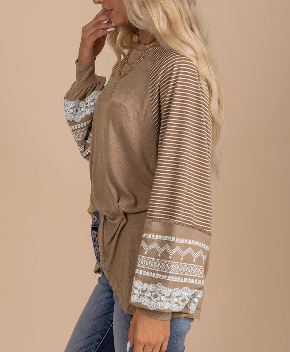 Floral Striped Patchwork Loose Long Sleeve Top