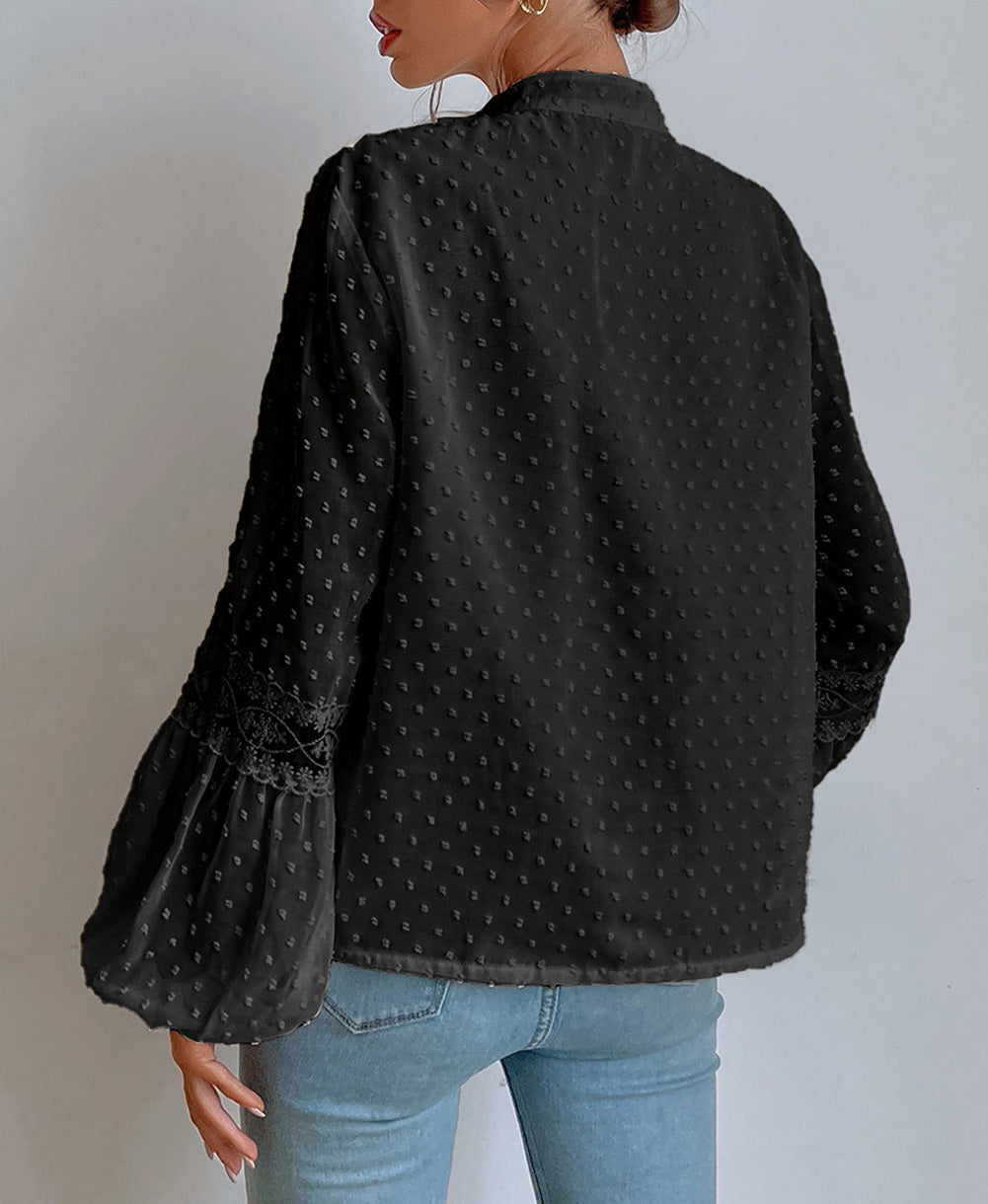 Swiss Dot Drawstring Balloon Sleeve Babydoll Blouse