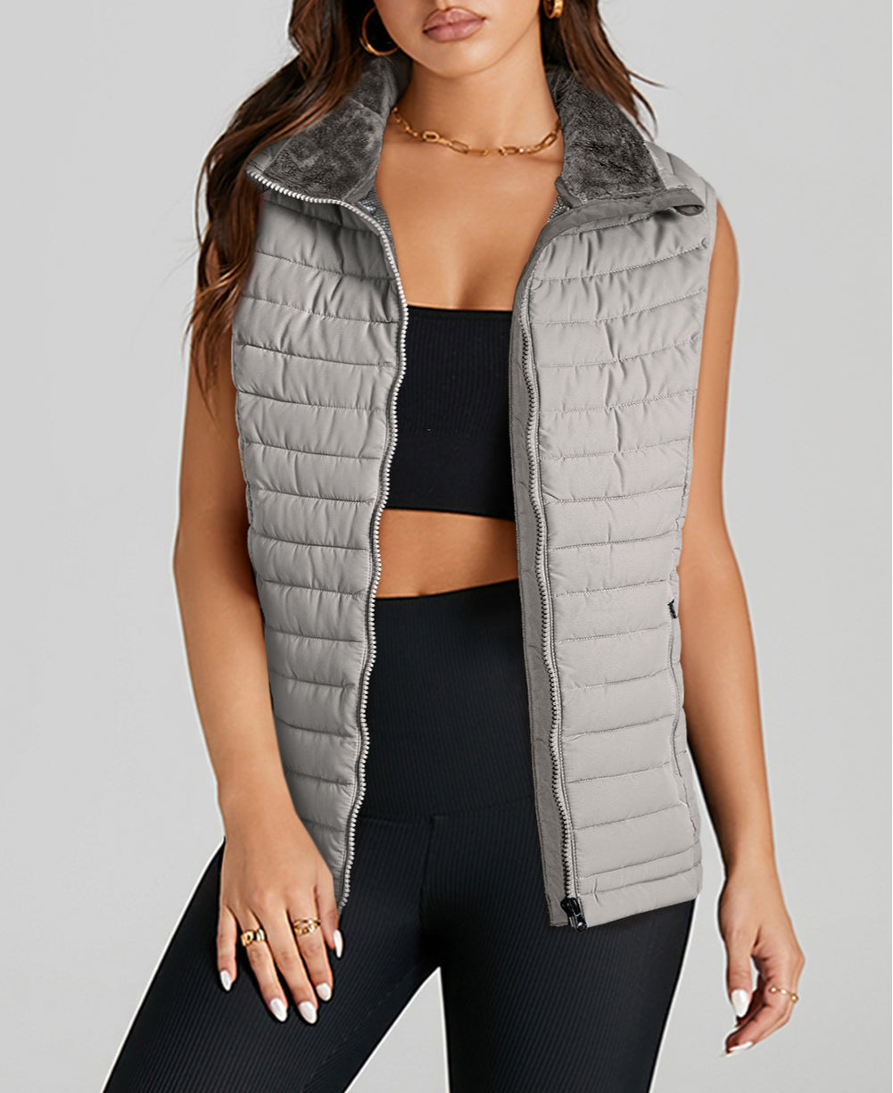 Plush Collared Quilted Zipped Puffer Vest