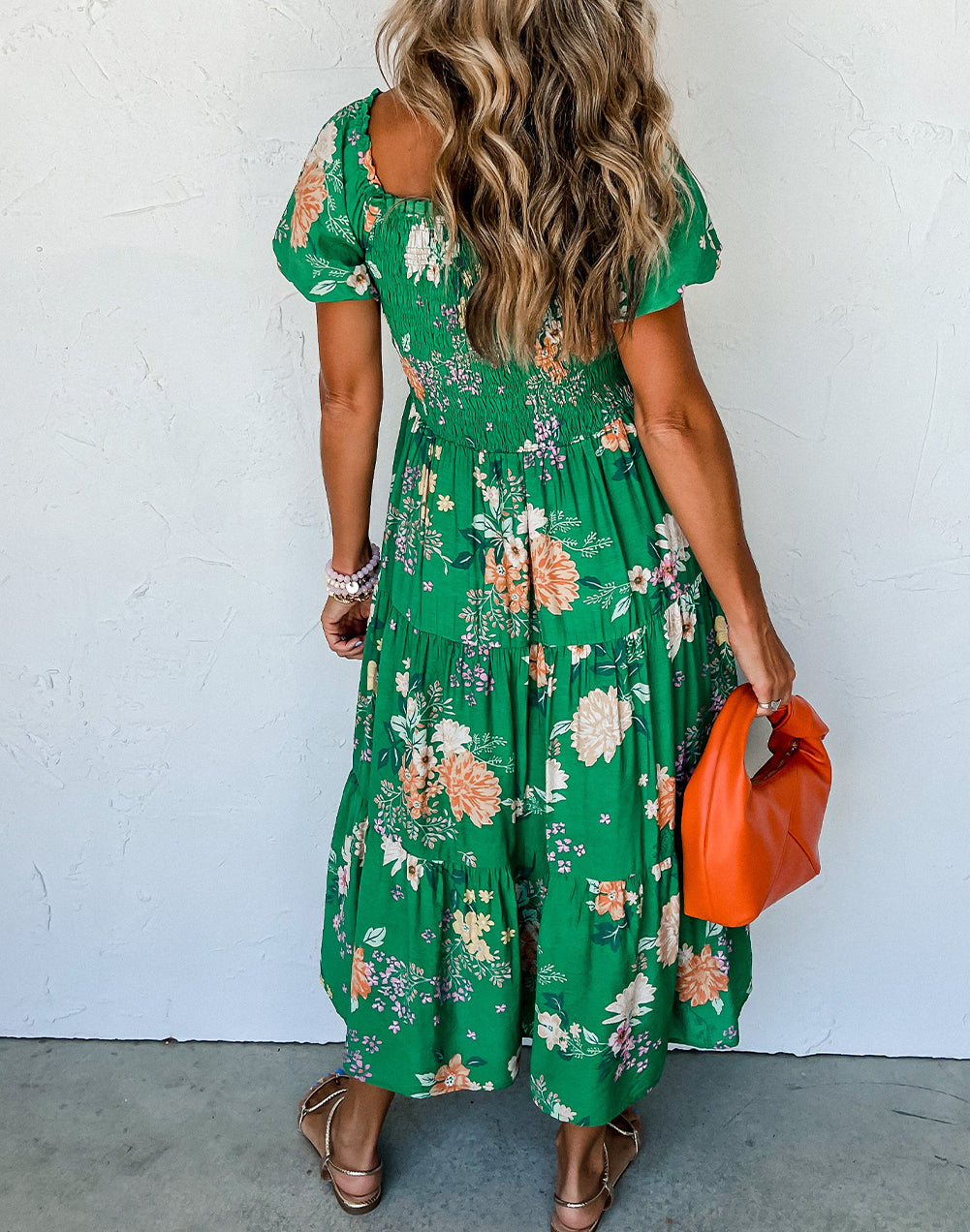 Floral Print Bubble Sleeve Smocked Tiered Midi Dress