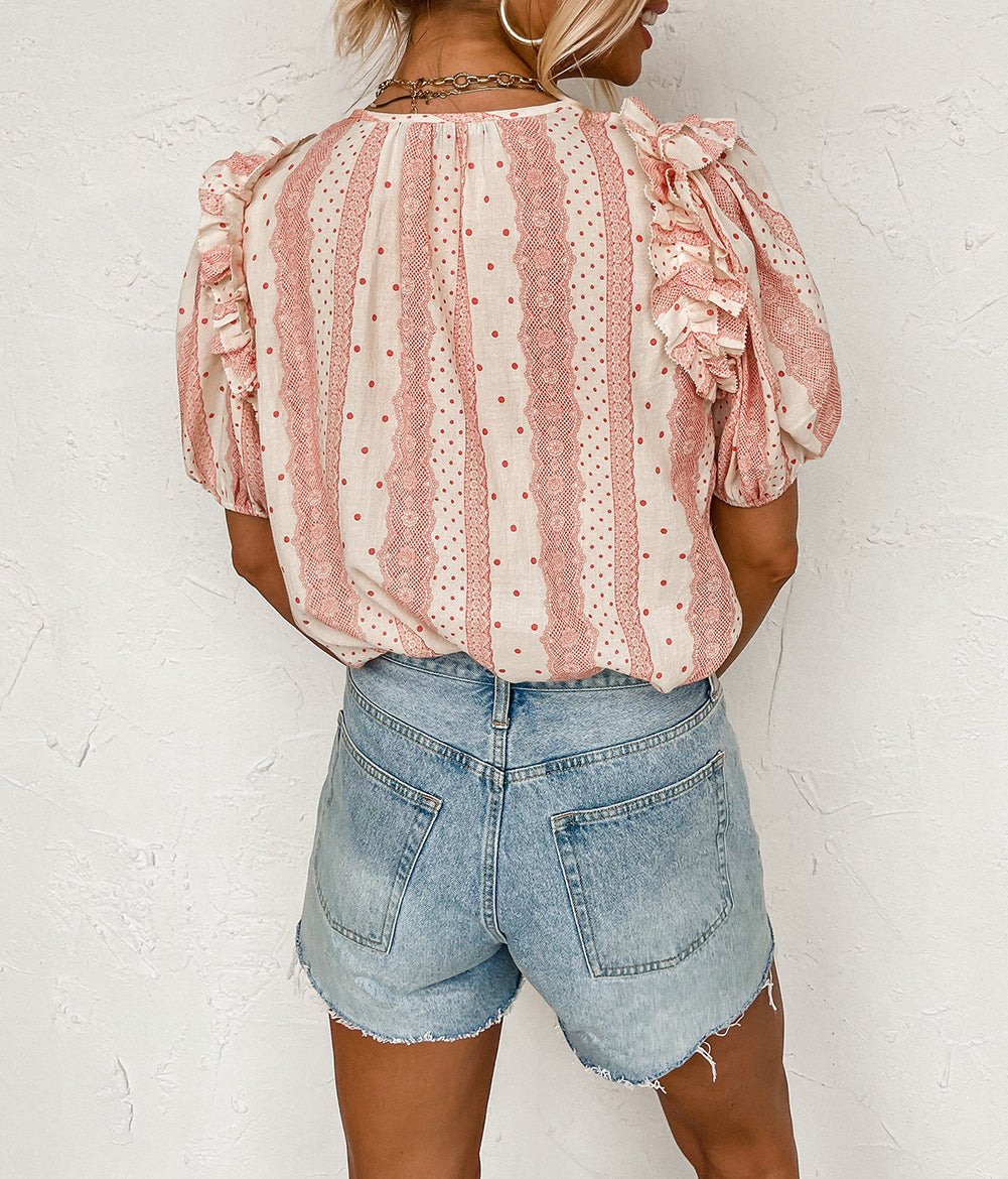 Frilled Short Puff Sleeve Mixed Print Blouse