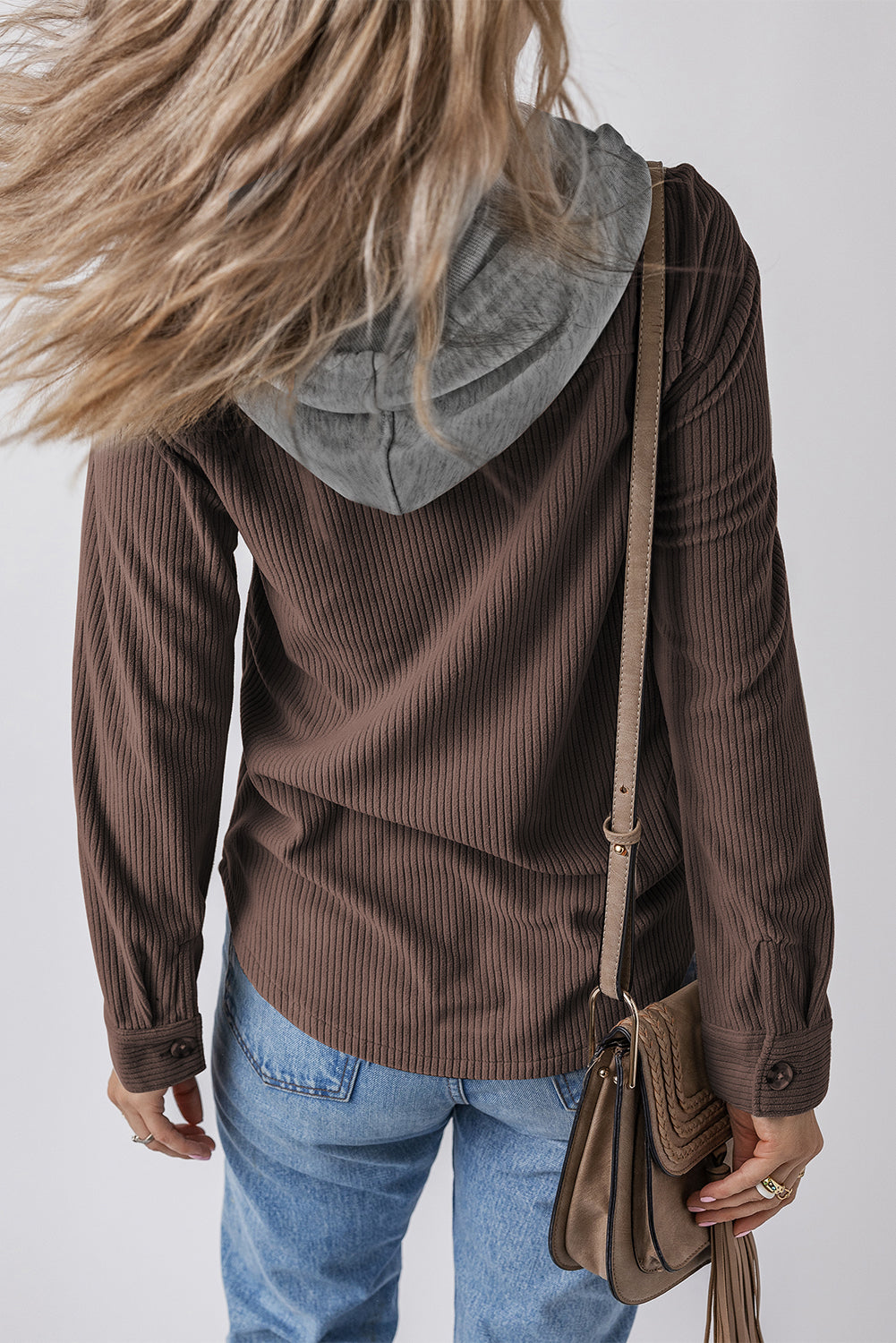 Hooded Drawstring Pockets Corduroy Shacket