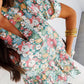 Notched Neck Puff Short Sleeve Floral Blouse