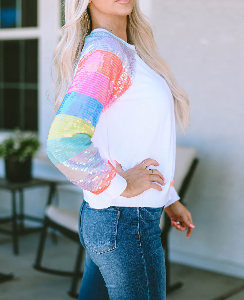 Sequin Color Block Raglan Sleeve Pullover Sweatshirt