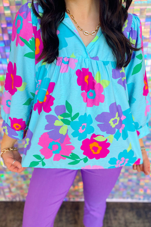 Plus Size Floral Print Notched V Neck Babydoll Blouse