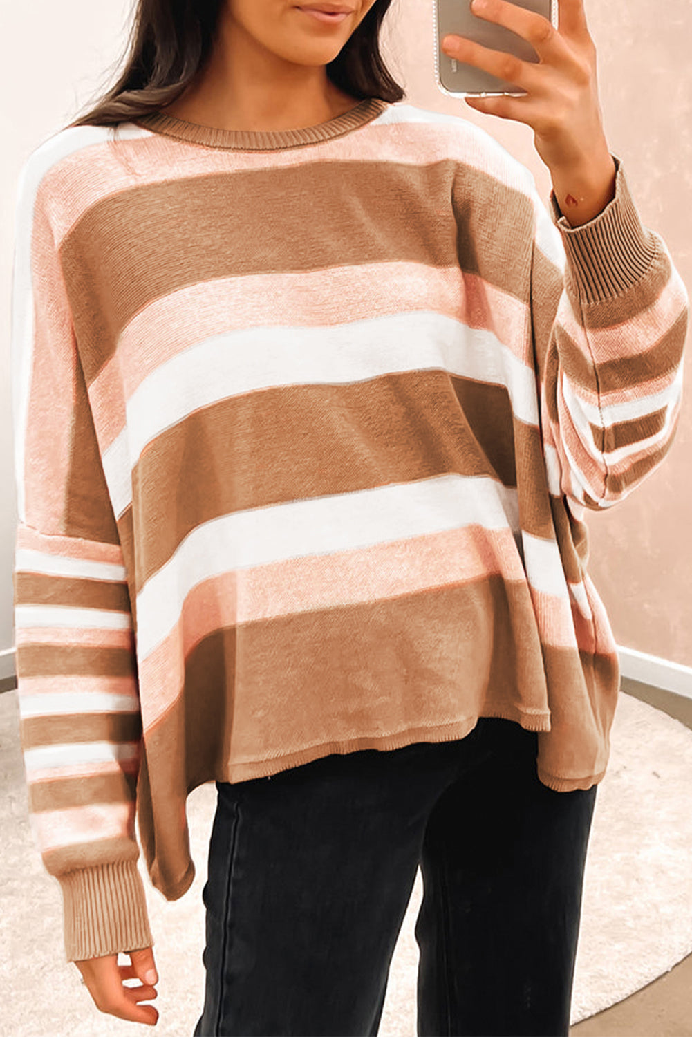 Striped Knit Drop Shoulder Loose Sweater