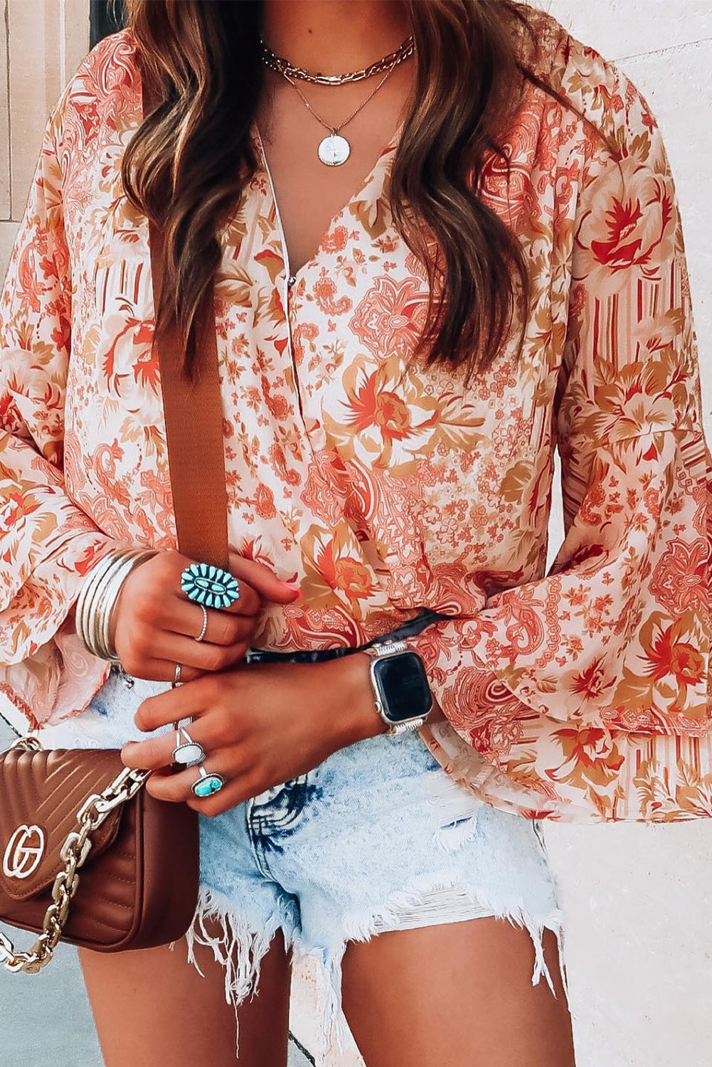 Floral Print Ruffled Bell Sleeve V Neck Bodysuit