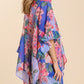 Blue Floral Print Ruffled 3/4 Sleeve Loose Fit Kimono