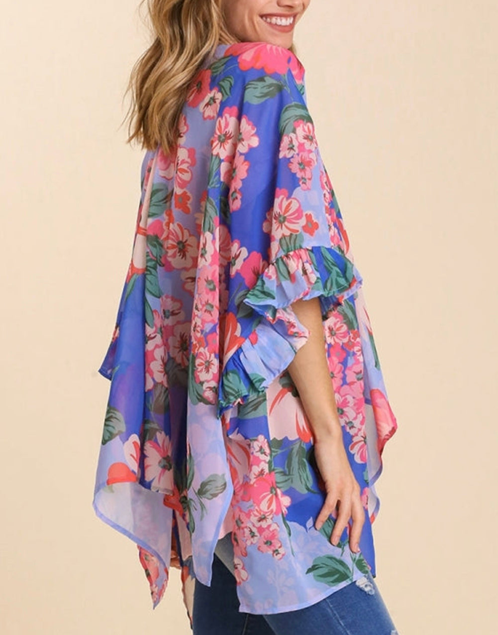 Blue Floral Print Ruffled 3/4 Sleeve Loose Fit Kimono