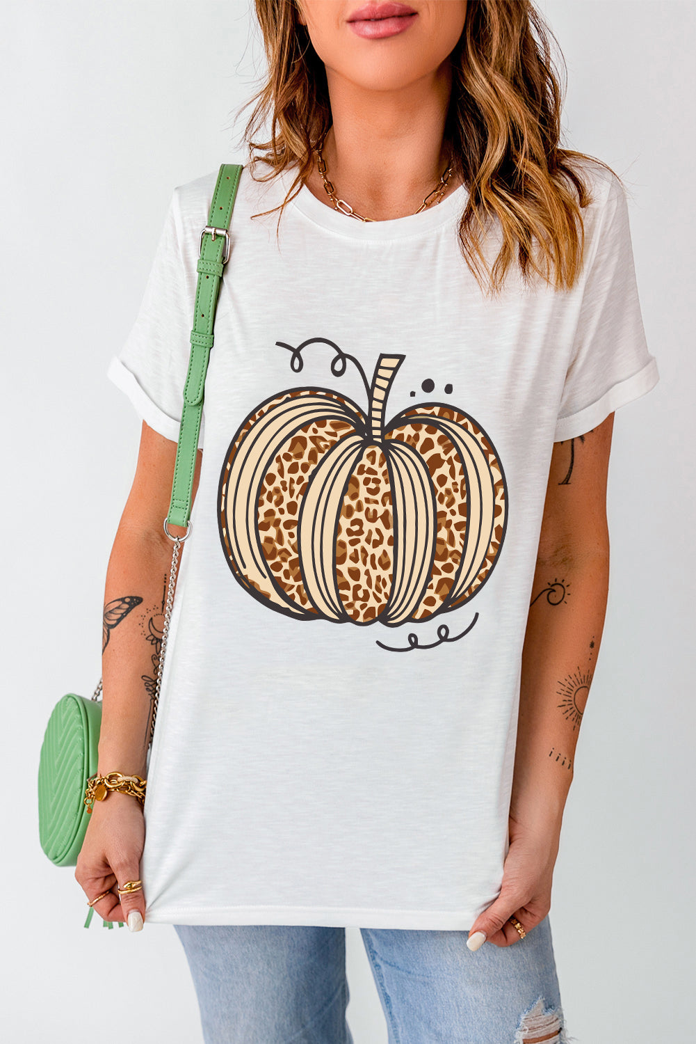 Leopard Pumpkin Graphic Crewneck Halloween T Shirt