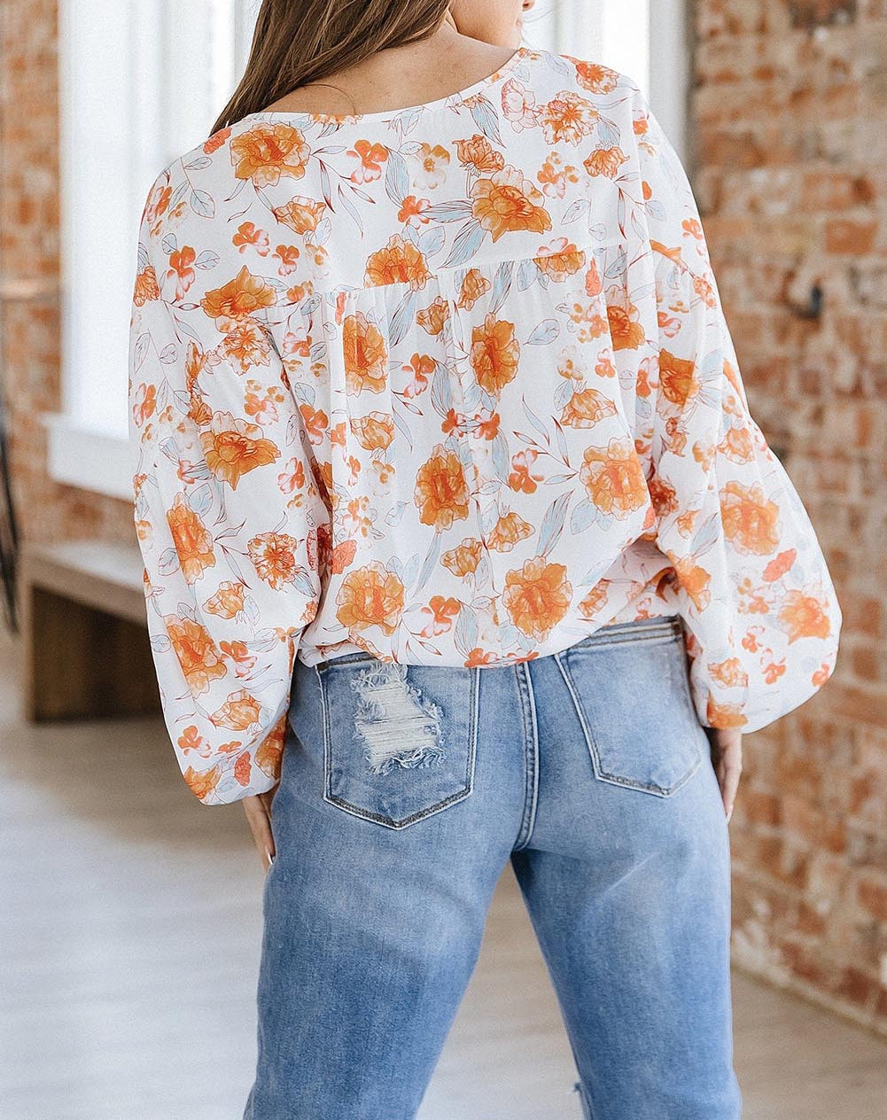 Tassel Tie V Neck Bubble Sleeve Floral Blouse