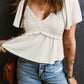 Shirred V Neck Short Flutter Sleeve Textured Blouse