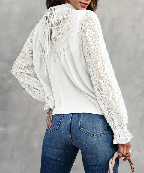 Mock Neck Lace Splicing Long Sleeve Blouse