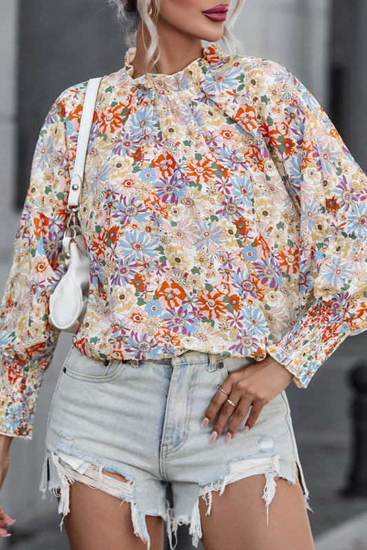 Shirred Cuffs Bubble Sleeve Floral Blouse