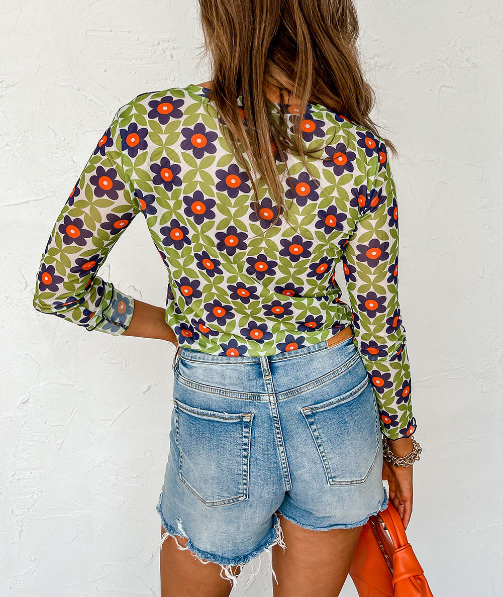 Retro Floral Print Stretchy Long Sleeve Top